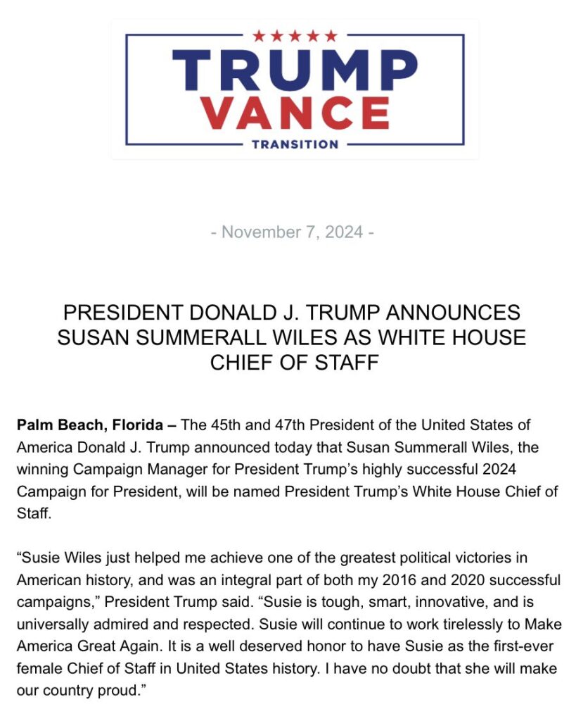 川普第一個人事命令就是,指派蘇西擔任白宮幕僚長。(圖/TeamTrump X)
