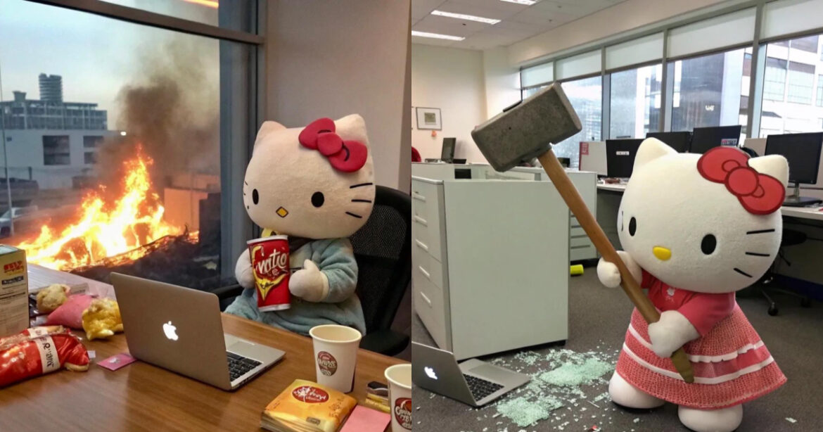網路上掀起一股 AI 生成的 Hello Kitty 職場梗圖熱潮，將這位經典角色打造成了「厭世社畜」（圖/ Hamppy Hamster 臉書）